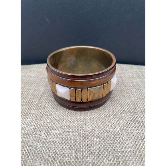 Vintage Brass & Wood Bangle Bracelet Brown Retro Jewelry Wide Cuff - Picture 2 of 8
